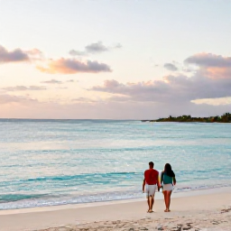 Caribbean Holidays, Turks and Caicos Beaches, Couple walking along a quiet Turks and Caicos beach at sunset, with pale sand, calm turquoise water and a peaceful March evening
