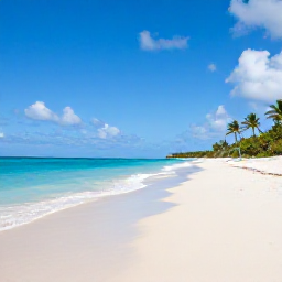 Caribbean Holidays, Turks and Caicos Beaches, Long white-sand beach at Grace Bay in Turks and Caicos under bright March sunshine, calm turquoise sea and a few palm trees
