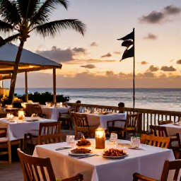 Caribbean Holidays, Turks and Caicos Beaches, Relaxed beachfront restaurant in Providenciales, Turks and Caicos, with outdoor tables, fresh seafood and a warm evening sky in March