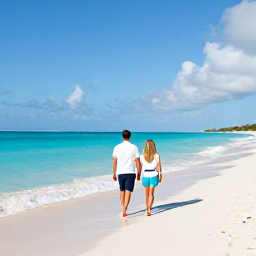 Caribbean Holidays, Turks and Caicos Couples, A couple walking hand in hand along a quiet white-sand beach in Providenciales, Turks and Caicos, under a bright June sky
