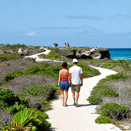 Caribbean Holidays, Turks and Caicos Couples, Couple exploring a quiet coastal path and viewpoint on Providenciales, Turks and Caicos, with rugged scrub and blue sea