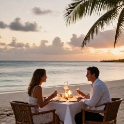 Caribbean Holidays, Turks and Caicos Couples, Romantic outdoor dinner for two at a stylish beachfront restaurant in Grace Bay, Turks and Caicos, at sunset