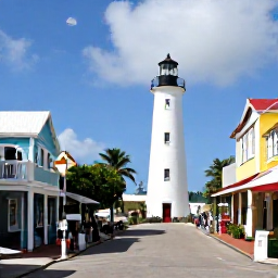 Caribbean Holidays, Turks and Caicos Cruises, The colourful streets and historic lighthouse area of Cockburn Town on Grand Turk, with visitors exploring local buildings