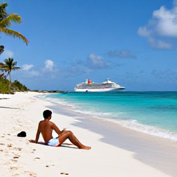 Caribbean Holidays, Turks and Caicos Cruises, Visitors relaxing on a white sandy beach beside clear turquoise sea on Grand Turk, with palm trees and a cruise ship in the distance
