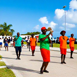 Caribbean Holidays, Turks and Caicos Culture, Colourful traditional Junkanoo-style parade in Providenciales, Turks and Caicos, with musicians, dancers and island families