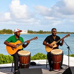 Caribbean Holidays, Turks and Caicos Culture, Friendly local musicians playing drums and guitar at a waterfront cultural event in Grand Turk, Turks and Caicos