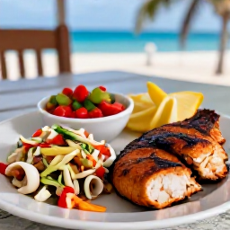Caribbean Holidays, Turks and Caicos Culture, Local Turks and Caicos seafood meal with conch salad, grilled fish and tropical sides at a relaxed island restaurant