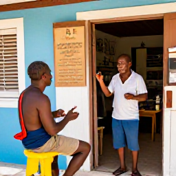 Caribbean Holidays, Turks and Caicos Culture, Traveller speaking with a local artisan outside a small island gallery in Turks and Caicos, warm natural light