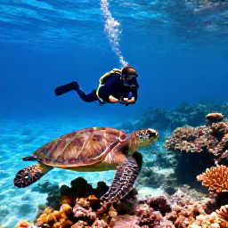 Caribbean Holidays, Turks and Caicos Diving, A diver observing a sea turtle over a healthy coral reef near Providenciales, with clear shallow water and sunlight patterns