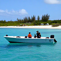 Caribbean Holidays, Turks and Caicos Diving, A small dive boat on calm turquoise water near the Turks and Caicos Islands, with divers preparing equipment and a bright sandy coastline behind