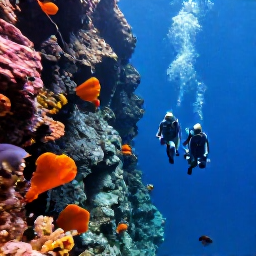 Caribbean Holidays, Turks and Caicos Diving, Divers descending beside a dramatic underwater wall at Grand Turk, with blue water, sponges, corals and reef fish