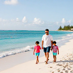 Caribbean Holidays, Turks and Caicos Family Holidays, A happy family walking along the bright white sands of Grace Bay Beach in Turks and Caicos on a sunny May morning, turquoise sea and gentle waves