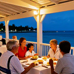 Caribbean Holidays, Turks and Caicos Family Holidays, Family enjoying a relaxed outdoor meal at a waterfront restaurant in Providenciales, tropical evening light and local Caribbean dishes
