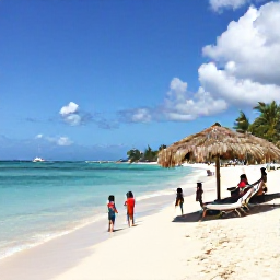 Caribbean Holidays, Turks and Caicos Family Holidays, Family relaxing under umbrellas on Grace Bay Beach, children playing at the shoreline, calm turquoise water and palm trees in Turks and Caicos