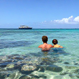 Caribbean Holidays, Turks and Caicos Family Holidays, Family snorkelling in shallow clear water near a coral reef in Turks and Caicos, colourful fish, boat in the background and sunny blue sky