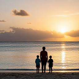 Caribbean Holidays, Turks and Caicos Family Holidays, Family watching the sunset over Grace Bay in Turks and Caicos, silhouettes on the beach, calm sea and warm golden sky