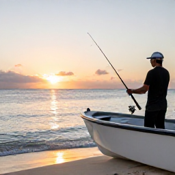 Caribbean Holidays, Turks and Caicos Fishing, A friendly local fishing guide preparing rods on a boat beside a quiet Turks and Caicos beach at sunrise
