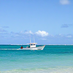 Caribbean Holidays, Turks and Caicos Fishing, A small fishing boat cruising across clear turquoise water near Providenciales, Turks and Caicos, under a bright Caribbean sky