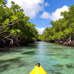 Caribbean Holidays, Turks and Caicos in May, Quiet mangrove channel and shallow lagoon with a kayak in the Turks and Caicos Islands