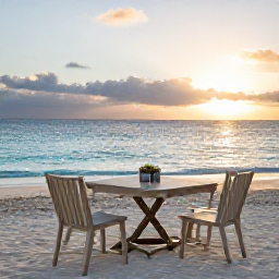 Caribbean Holidays, Turks and Caicos in May, Relaxed outdoor table beside a Caribbean beach at sunset in the Turks and Caicos Islands