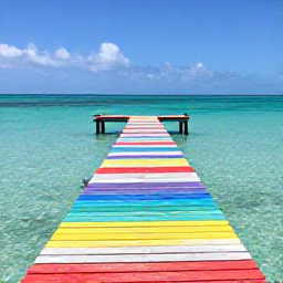 Caribbean Holidays, Turks and Caicos Instagram Spots, Colourful wooden jetty leading into shallow turquoise sea at Leeward Beach, Turks and Caicos, under a clear blue sky