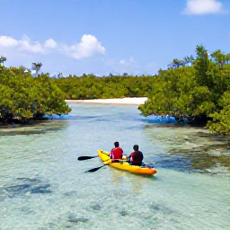 Caribbean Holidays, Turks and Caicos Instagram Spots, Kayakers paddling through clear shallow water surrounded by mangroves in the Turks and Caicos Islands