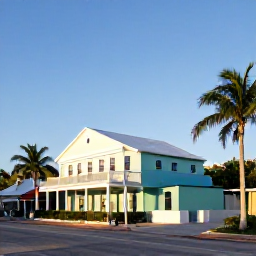 Caribbean Holidays, Turks and Caicos January, Bright January morning in Cockburn Town, Grand Turk, with historic pastel buildings, palm trees and clear blue sky