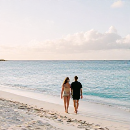 Caribbean Holidays, Turks and Caicos January, Couple walking along a quiet white-sand beach in Turks and Caicos in January, with turquoise water and soft afternoon light