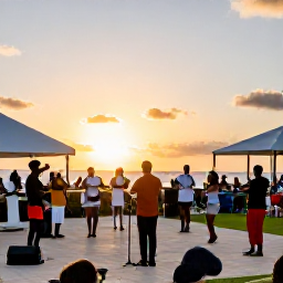Caribbean Holidays, Turks and Caicos January, Traditional Turks and Caicos music performance outdoors at sunset, with local musicians, dancers and an island crowd