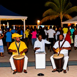 Caribbean Holidays, Turks and Caicos July, Traditional island musicians playing drums and guitars while visitors dance at an evening community gathering in Turks and Caicos