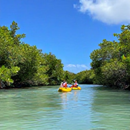 Caribbean Holidays, Turks and Caicos June, A couple kayaking through calm mangrove channels beneath a bright blue sky in the Turks and Caicos Islands