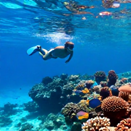 Caribbean Holidays, Turks and Caicos June, A snorkeller above a colourful coral reef with tropical fish in clear turquoise water near Providenciales