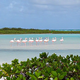Caribbean Holidays, Turks and Caicos June, Wild flamingos feeding in a shallow lagoon surrounded by low green mangroves on North Caicos