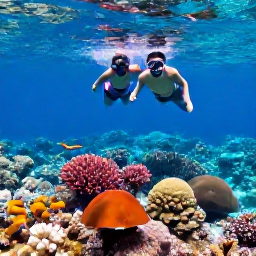 Caribbean Holidays, Turks and Caicos Luxury, Couple snorkelling above a colourful coral reef in crystal-clear Caribbean water near Providenciales