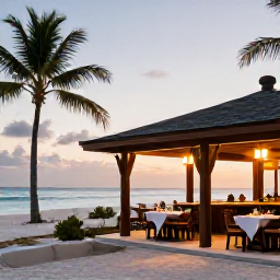 Caribbean Holidays, Turks and Caicos Luxury, Elegant open-air restaurant beside a tropical beach in Turks and Caicos, serving fresh seafood at sunset