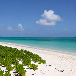 Caribbean Holidays, Turks and Caicos March, Bright turquoise sea, white sand beach and low green scrub on Providenciales in the Turks and Caicos Islands during a sunny March morning