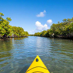 Caribbean Holidays, Turks and Caicos March, Kayaker gliding through calm mangrove channels near Providenciales, with clear water and green coastal vegetation under a blue sky