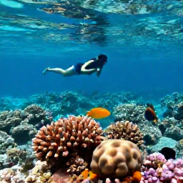 Caribbean Holidays, Turks and Caicos March, Snorkeller above a vibrant coral reef with tropical fish in clear shallow water off Grace Bay, Turks and Caicos Islands