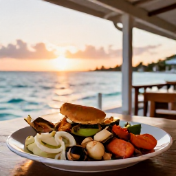 Caribbean Holidays, Turks and Caicos March, Traditional Turks and Caicos seafood meal served at a casual waterfront restaurant at sunset