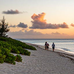 Caribbean Holidays, Turks and Caicos Nature, A couple walking across a quiet white-sand beach at sunset in Turks and Caicos, with low vegetation and calm Caribbean sea