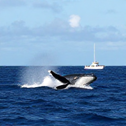 Caribbean Holidays, Turks and Caicos Nature, A humpback whale surfacing beside a small tour boat in the deep blue waters near Turks and Caicos