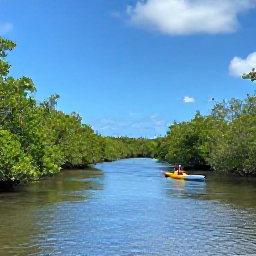 Caribbean Holidays, Turks and Caicos Nature, A peaceful mangrove creek in Turks and Caicos with a kayak gliding through calm water and native birds in the background