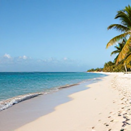 Caribbean Holidays, Turks and Caicos Nature Holidays, A bright April morning on a quiet beach in Turks and Caicos, with clear turquoise water, soft white sand and a few palm trees