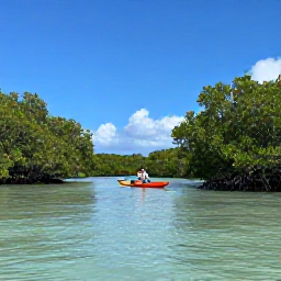 Caribbean Holidays, Turks and Caicos Nature Holidays, A peaceful mangrove wetland in Turks and Caicos with a kayak gliding through calm shallow water, surrounded by green mangrove islands and blue sky