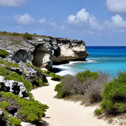 Caribbean Holidays, Turks and Caicos Nature Holidays, A rugged coastal path and limestone landscape on Middle Caicos in April, with native shrubs, dramatic cliffs and bright blue ocean