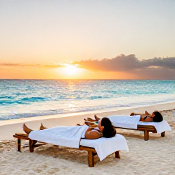 Caribbean Holidays, Turks and Caicos Spa Breaks, A couple relaxing on a quiet Turks and Caicos beach after a spa treatment, with turquoise water and a warm January sunset