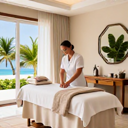 Caribbean Holidays, Turks and Caicos Spa Breaks, A spa therapist giving a relaxing treatment in an elegant Caribbean treatment room with natural light and tropical details