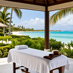 Caribbean Holidays, Turks and Caicos Spa Breaks, Elegant beachfront spa in Turks and Caicos with massage tables, white robes, tropical greenery and views across a calm blue lagoon