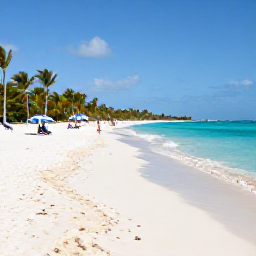 Caribbean Holidays, Turks and Caicos Spa Breaks, Grace Bay Beach in January with powder-white sand, clear turquoise water, palm trees and a few relaxed visitors