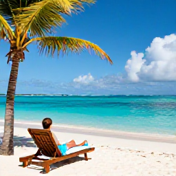 Caribbean Holidays, Turks and Caicos Spa Breaks, Grace Bay Beach in October with a traveller in a sun lounger, turquoise water, soft white sand and palm trees